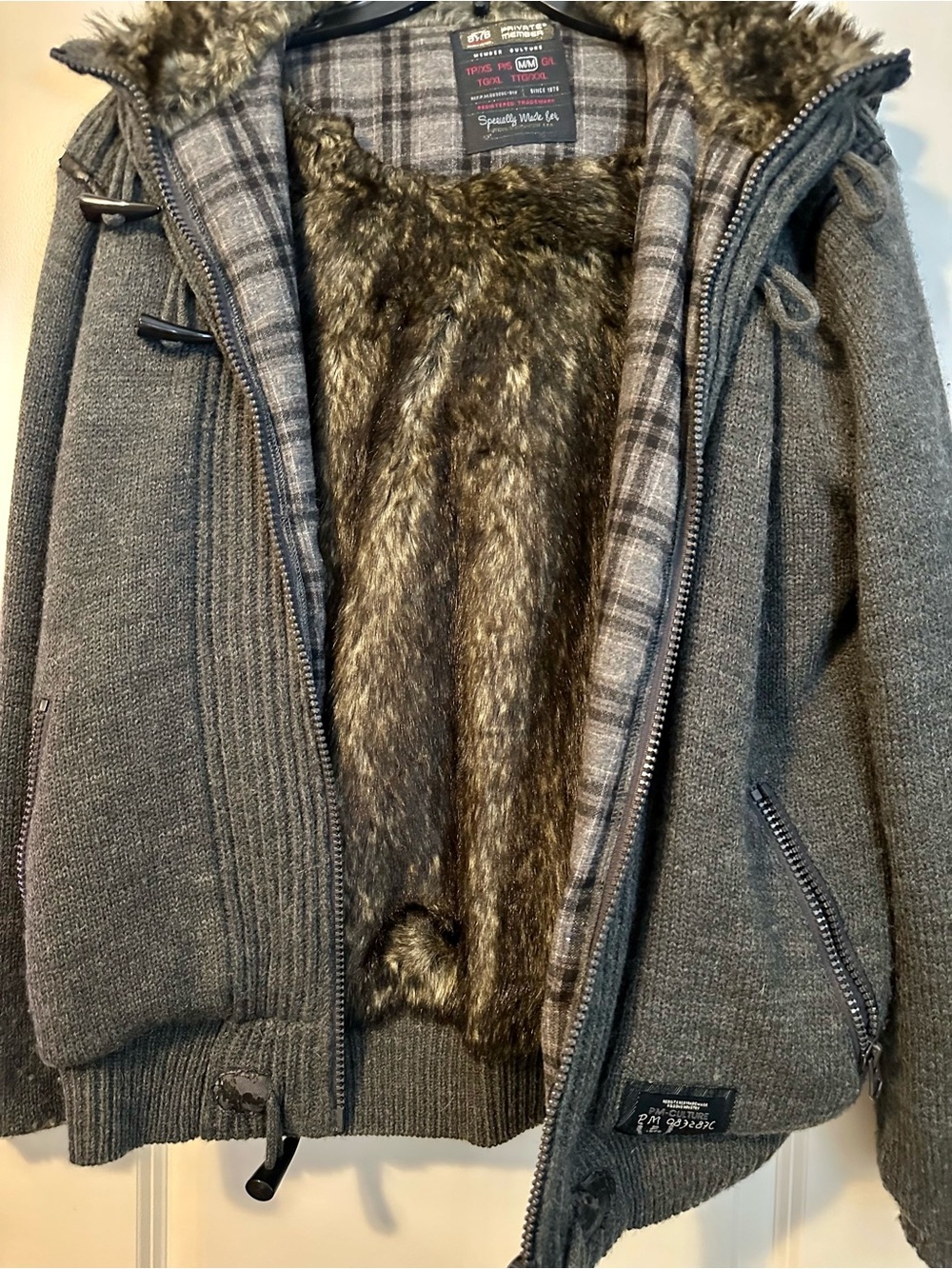Private Member/Member Couture Gray Faux-Fur Lined Pea Coat with Plaid Trim